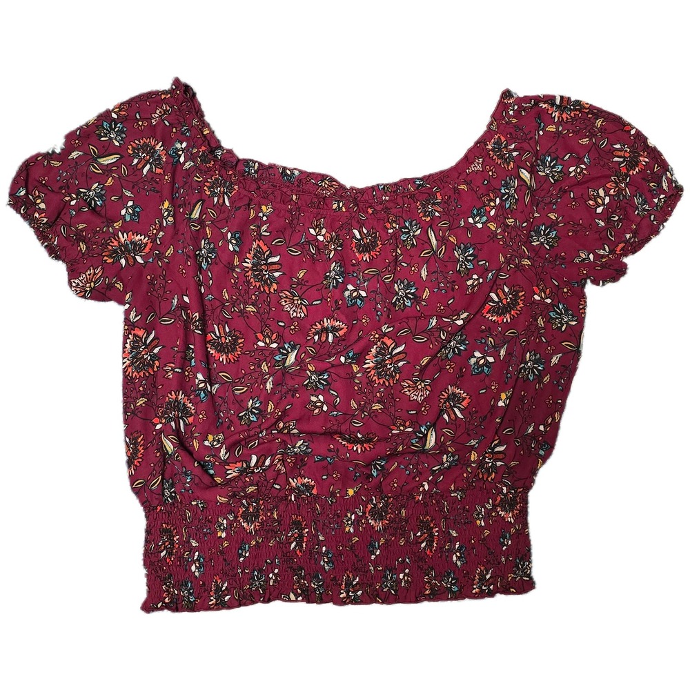 Floral Off Shoulder Top Womens 3X‎ Burgundy Excellent Smocked Waist Cropped (A)